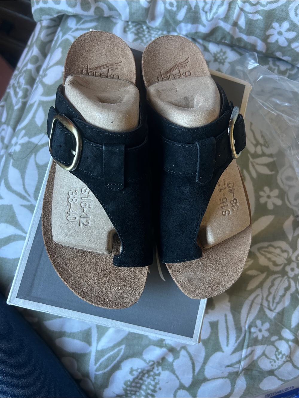 Dansko Black Suede Buckle Toe-Loop Sandals
